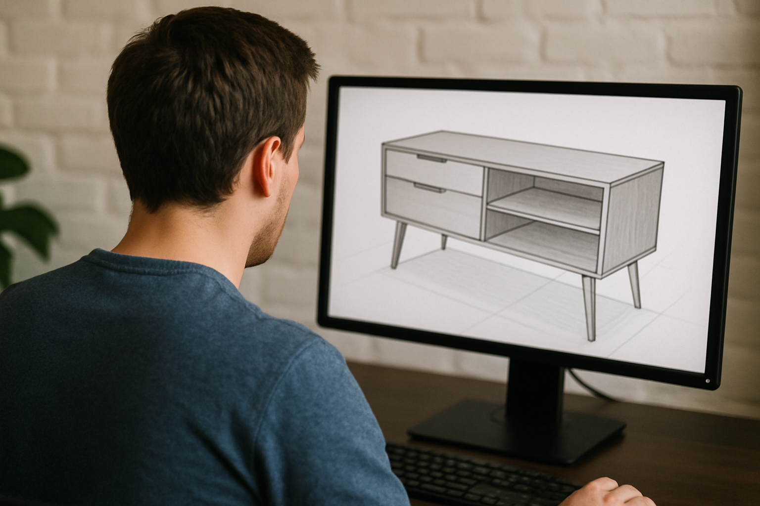 a picture of a man with brown hair facing a computer the photo should be from the back on the computer screen there should be a 3d rendering or drawin-1