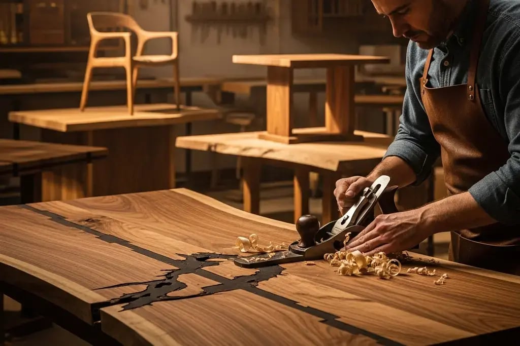 Woodworker hand-planing a solid walnut table top in a furniture workshop